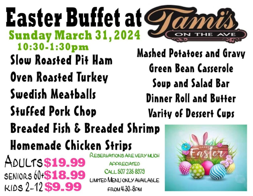 the Easter menu for Tami's on the Ave in Fairmont, MN