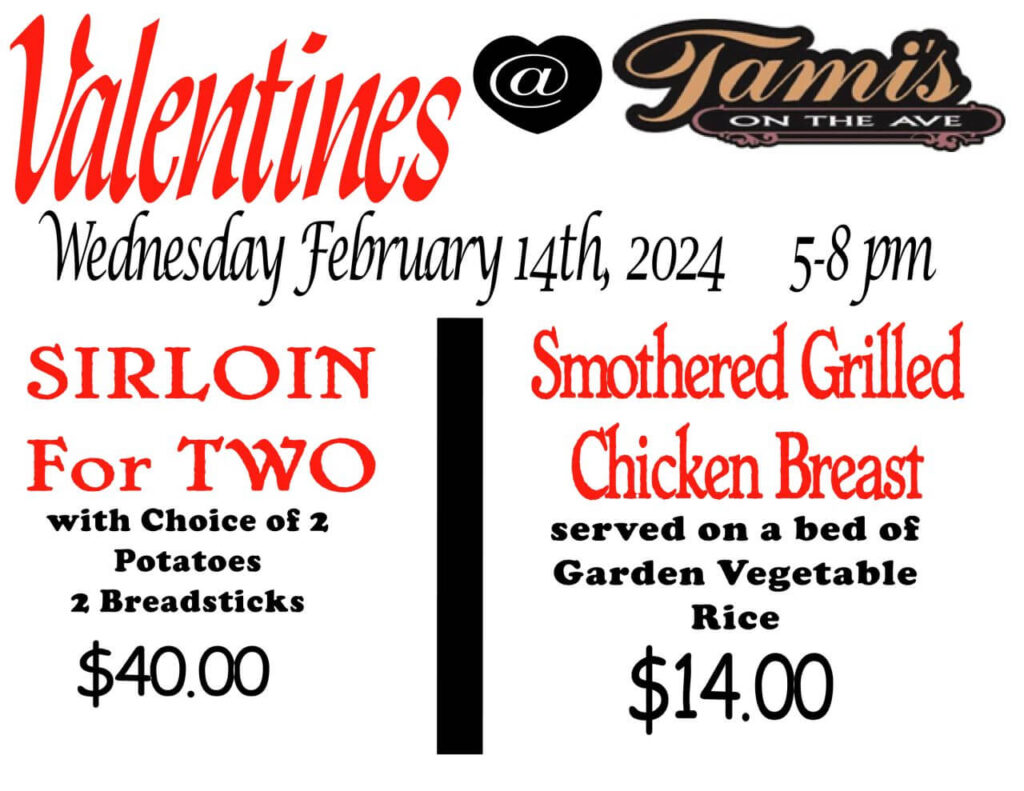 the Valentine's menu for Tami's on the Ave in Fairmont, MN